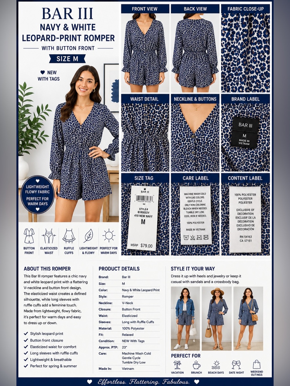 Bar III Navy and White Leopard-Print Romper with Button Front NEW M